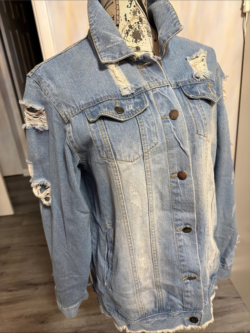 Light Blue Distressed Denim Jacket - Women